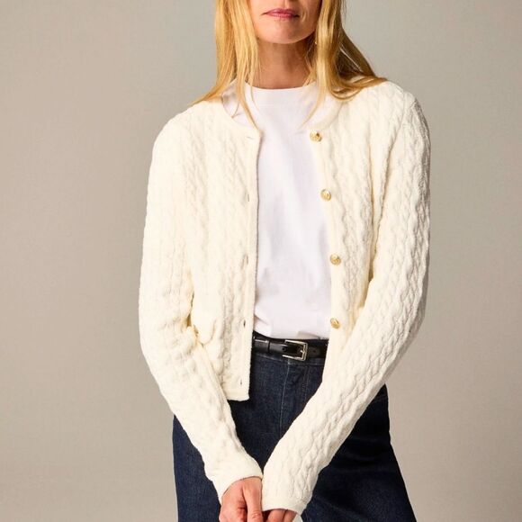J Crew Odette cable-knit sweater lady jacket in cotton-blend bouclé Medium Ivory - Picture 1 of 8